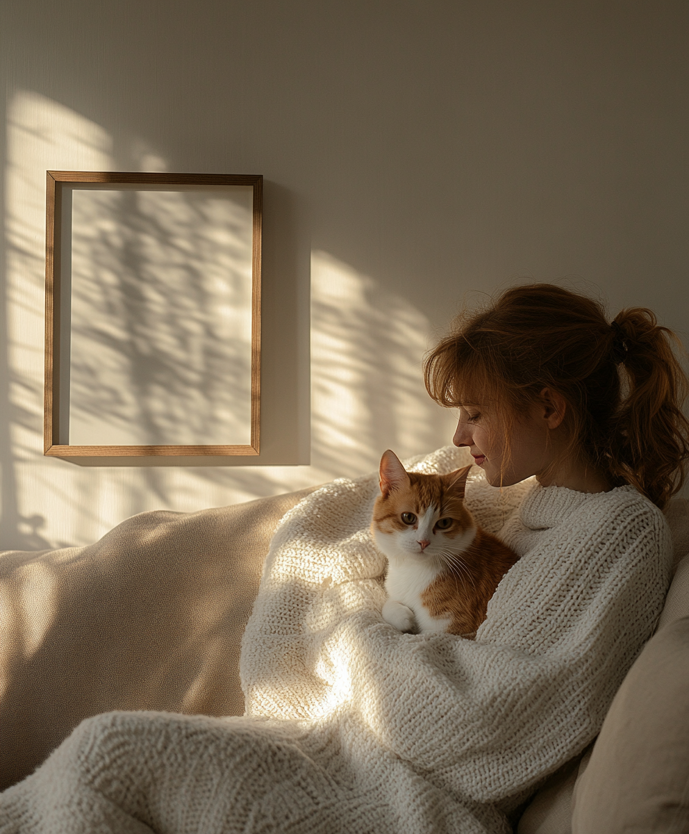 Serene Moment: Woman Holding Red Cat on Sofa