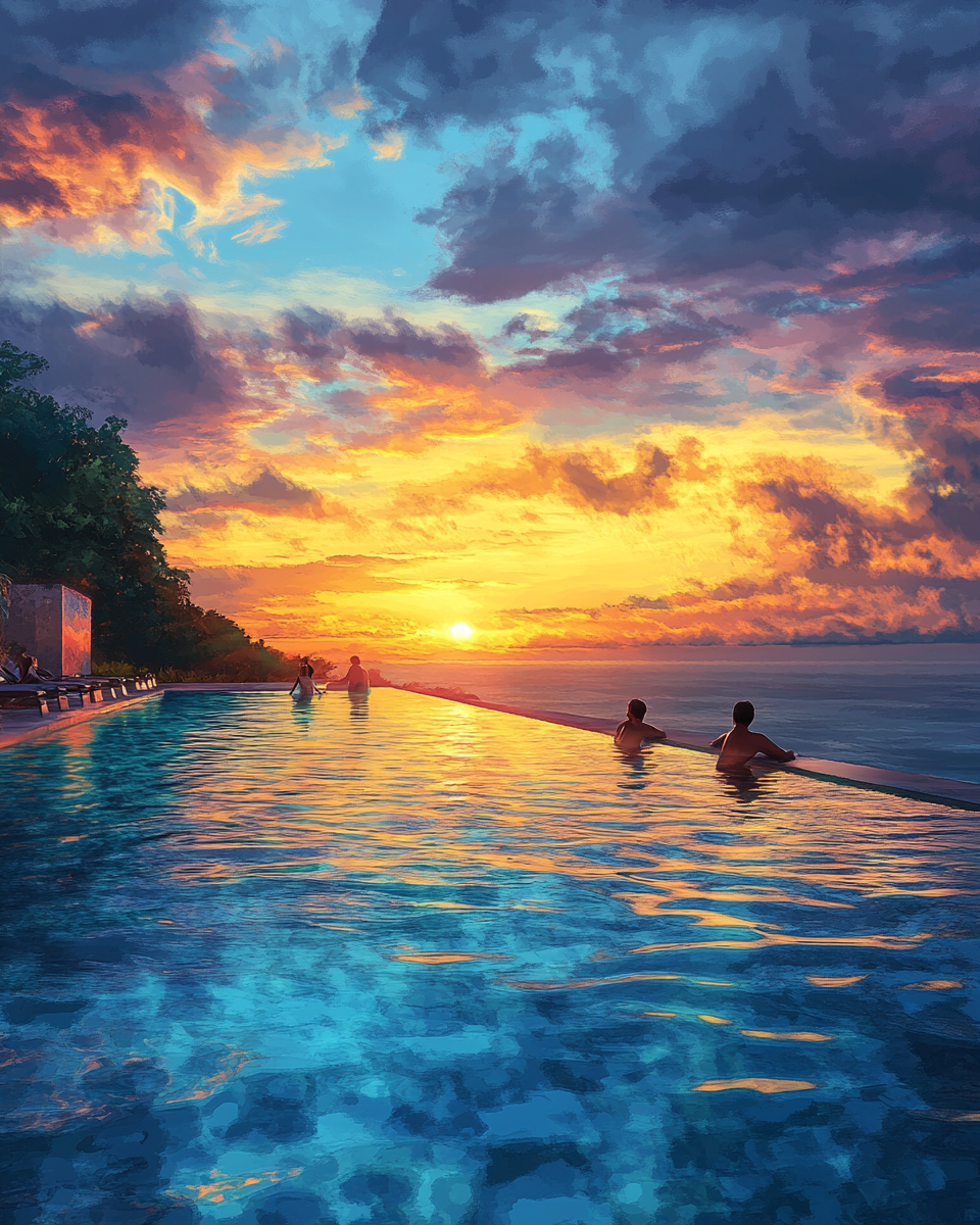 Serene Sunset Infinity Pool Overlooking Ocean Scene