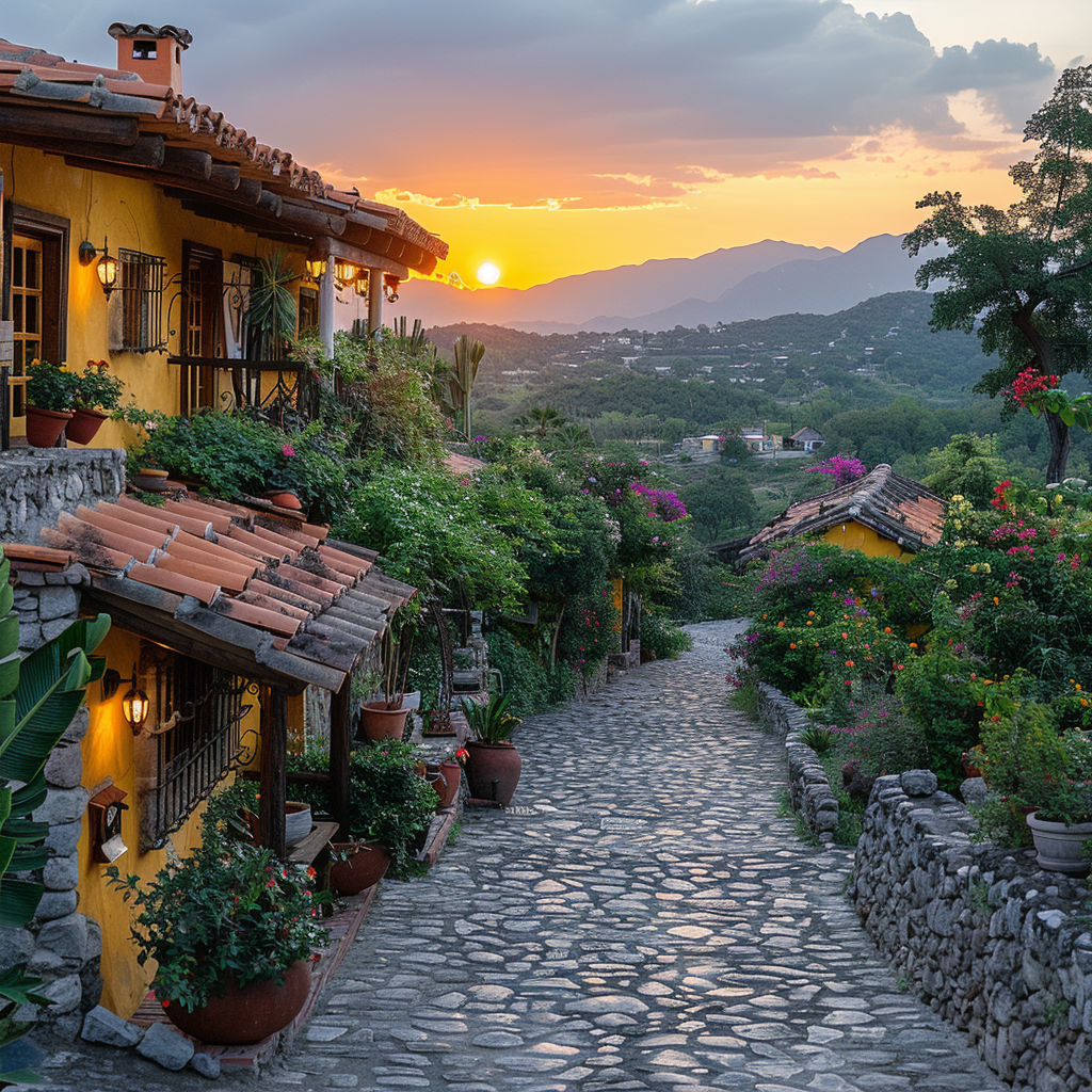 Serene Sunset Rural Mexican Village Cobblestone Streets