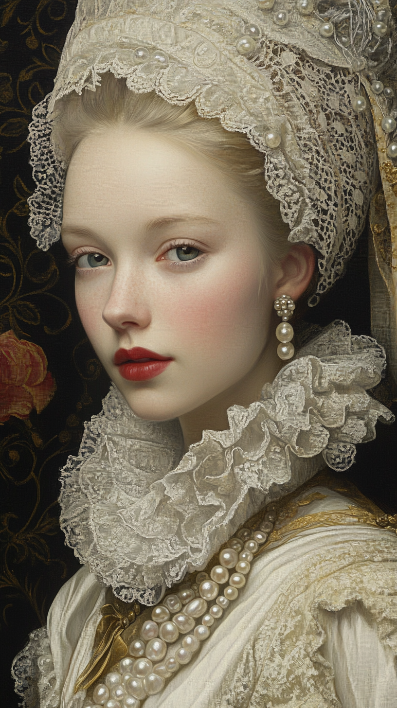 Serene Woman in Baroque Attire with Pearls Portrait