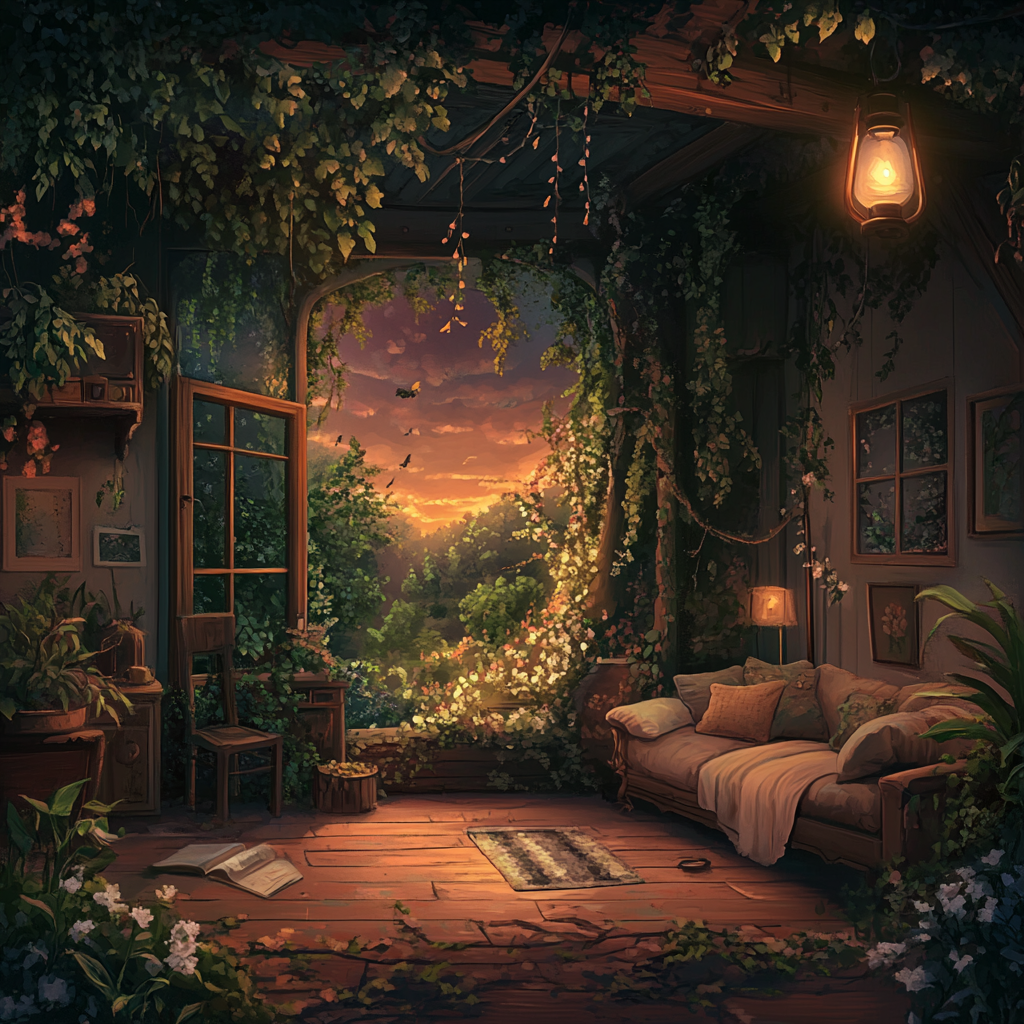 Serene album cover with cozy, comforting environment 