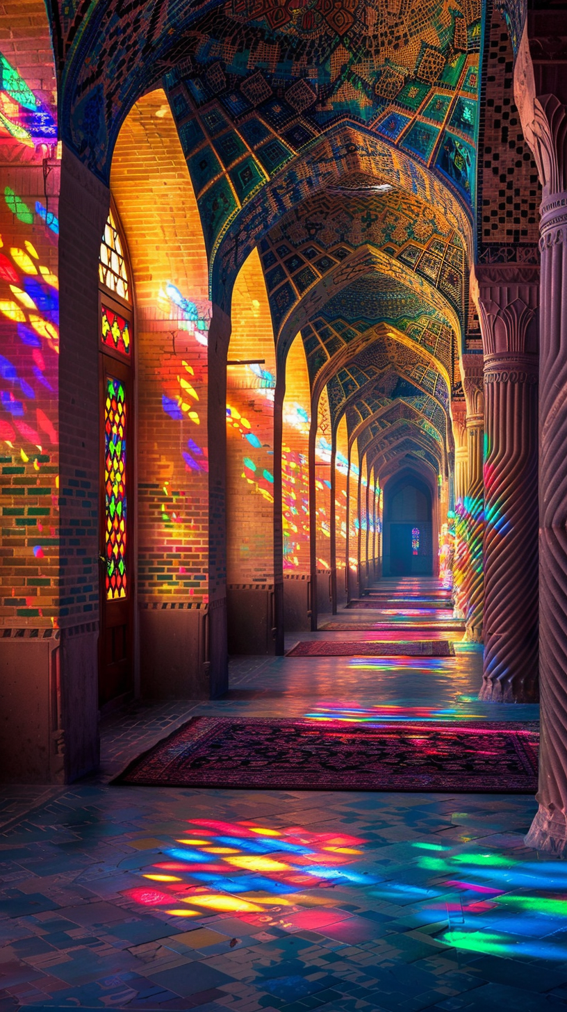 Serene and majestic hallway with colorful stained-glass windows.