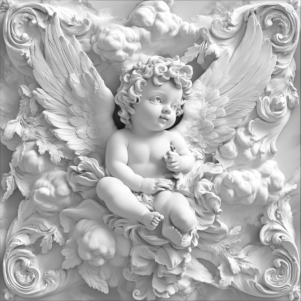 Serene cherub framed by ornate details in monochrome