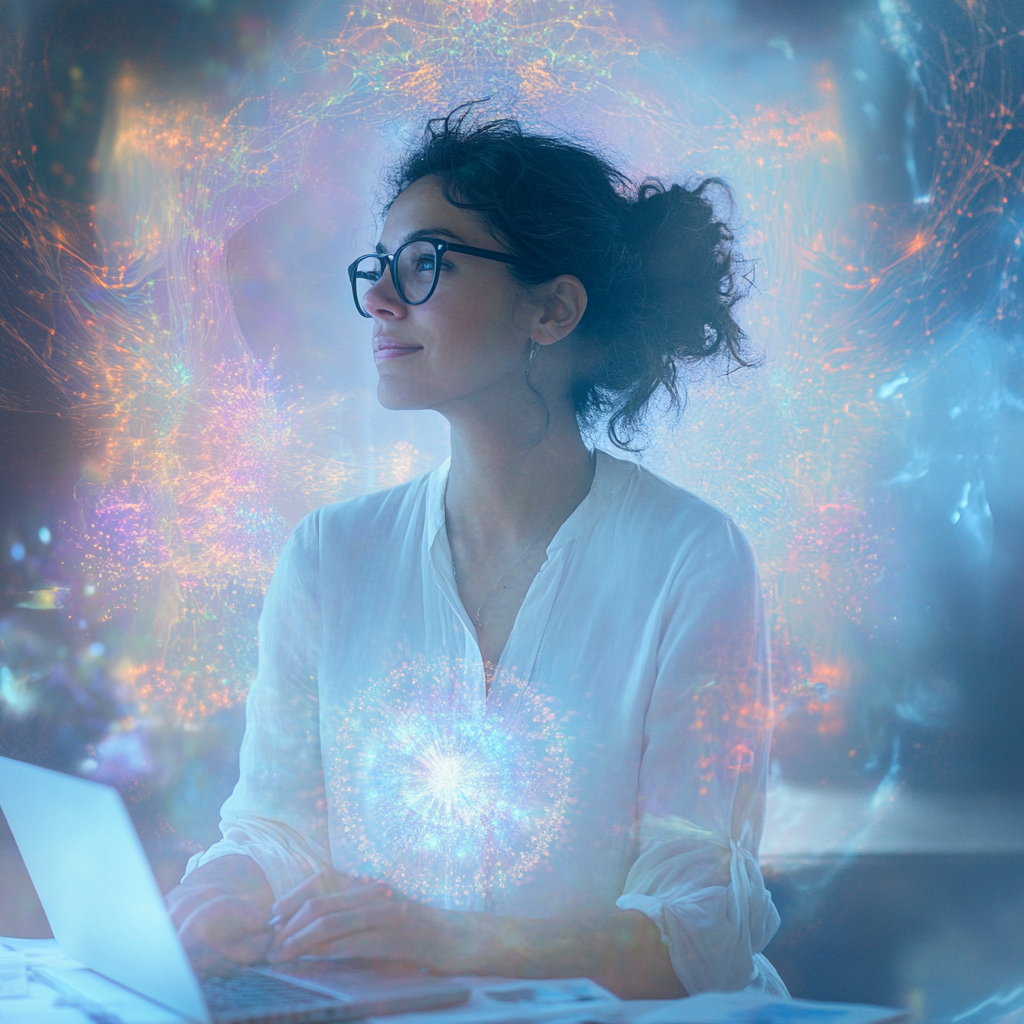 Serene entrepreneur in bright workspace with laptop and journal.