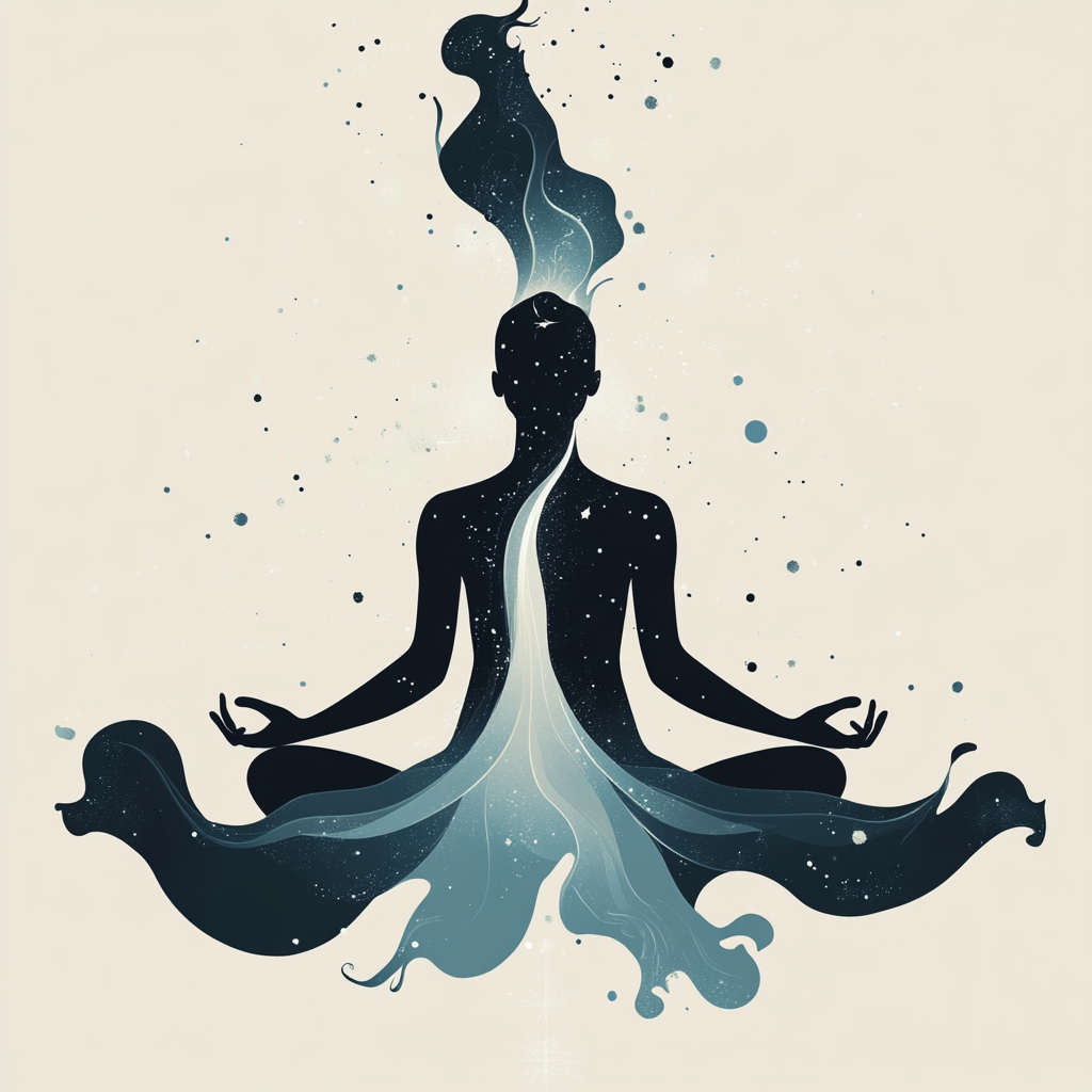 Serene figure in meditative posture with elemental representations