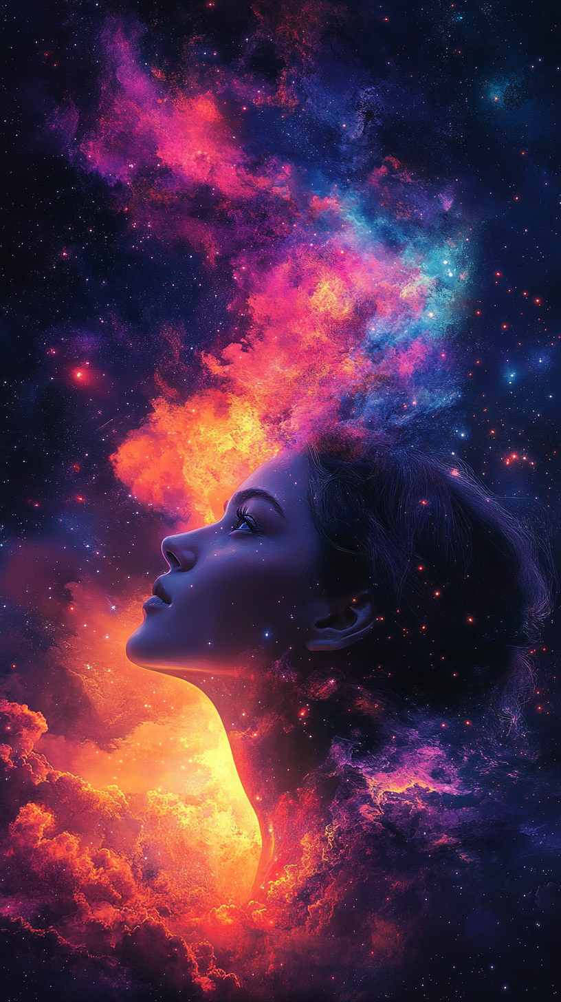 Serene person with swirling cosmic colors, night sky backdrop.