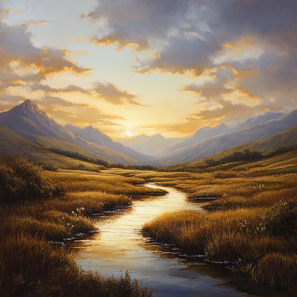 Serene sunrise landscape with glowing valley and mountains.