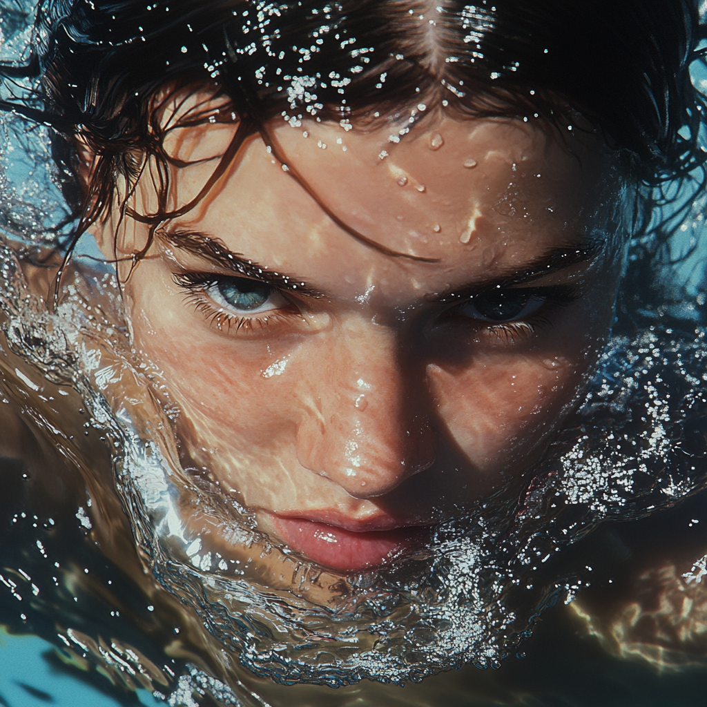 Serene woman rising from water in natural light