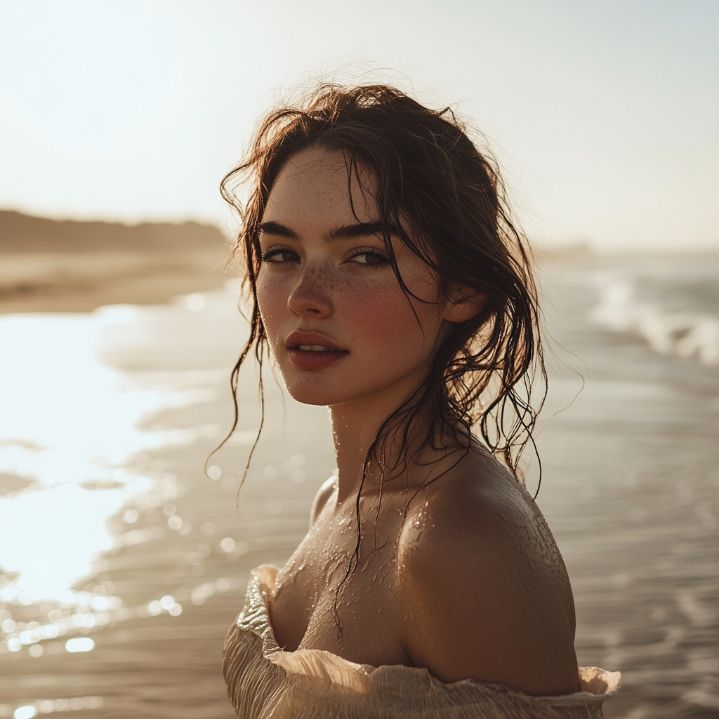 Woman walking from ocean to sandy beach