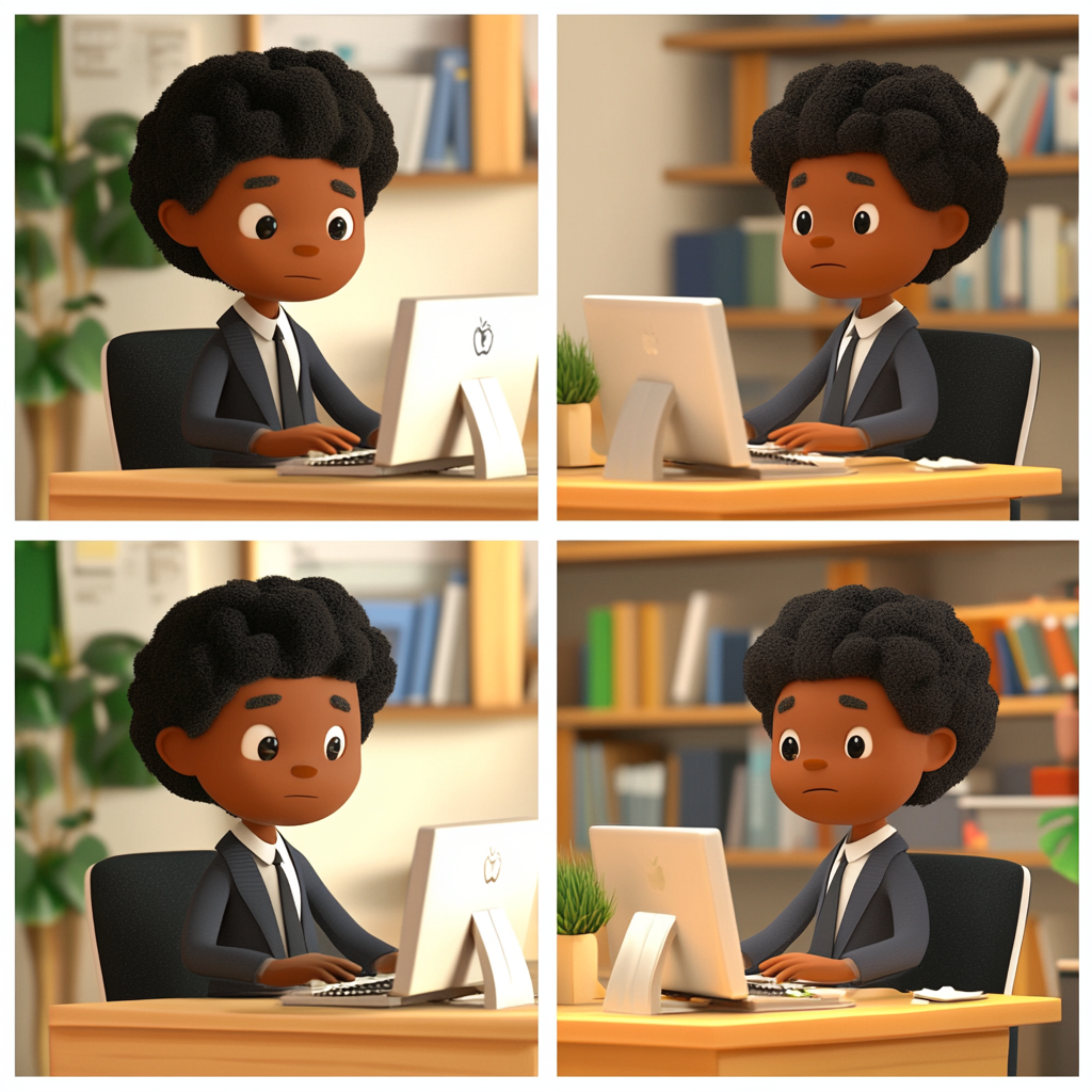 Series of felt art pieces depicting brown-skinned office worker.