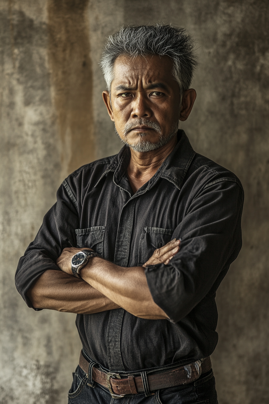 Serious, determined Malay man with folded arms, 60yo.