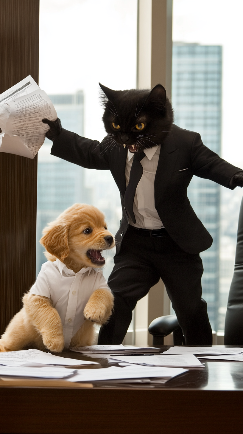 Serious Black Cat Fires Innocent Puppy from Office.