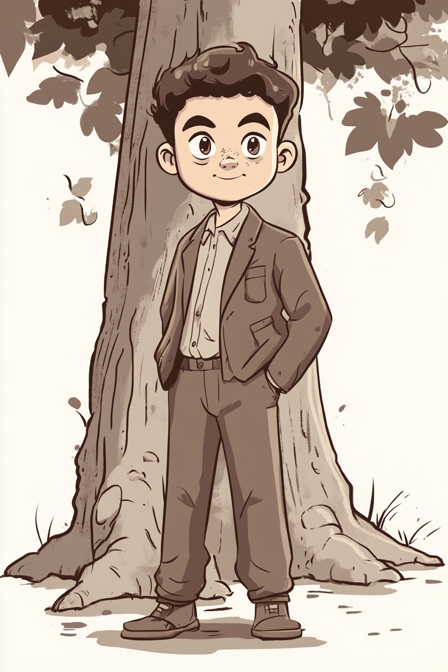 Serious Boy and Large Tree in Anime Style