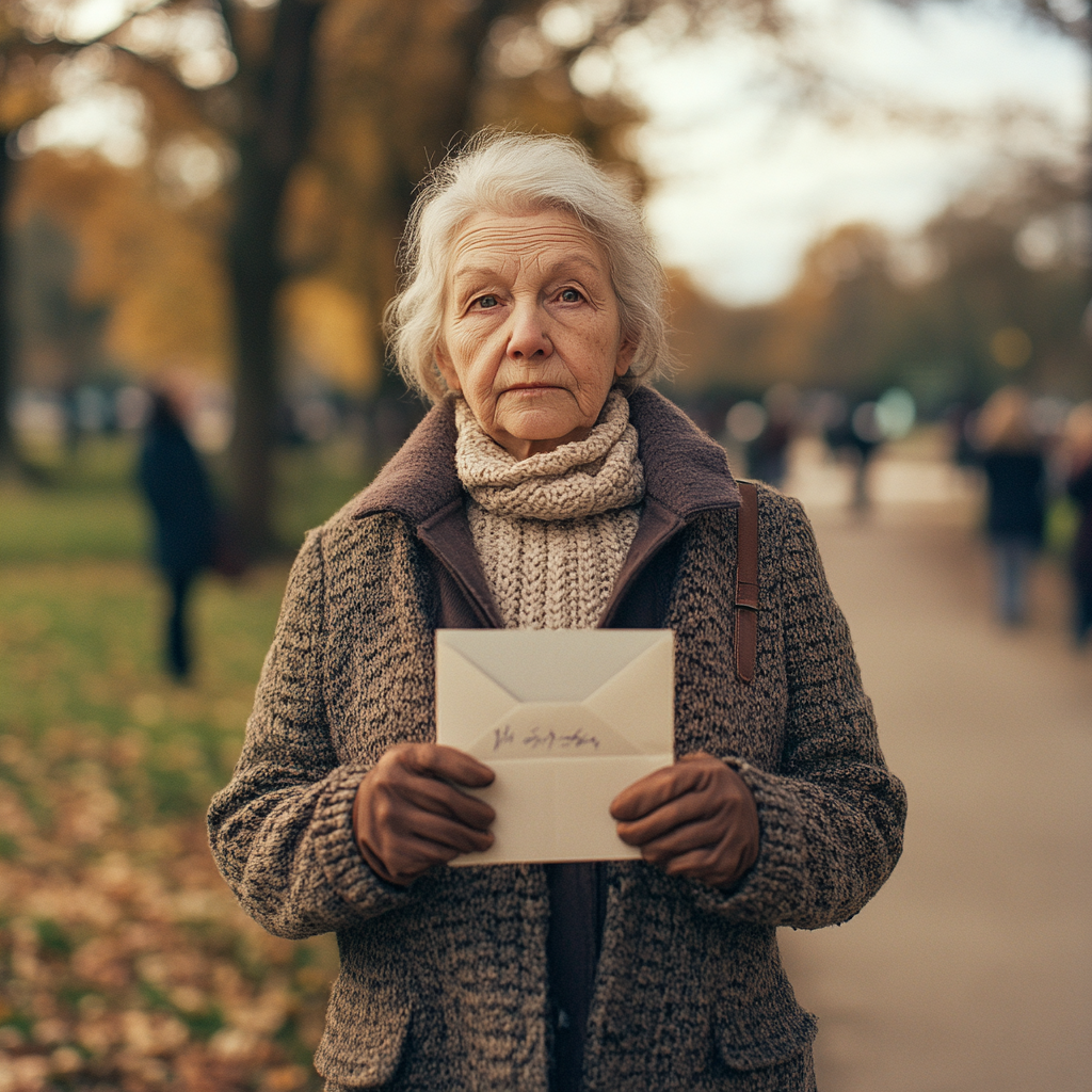 Serious Elderly Woman with Envelope in Park