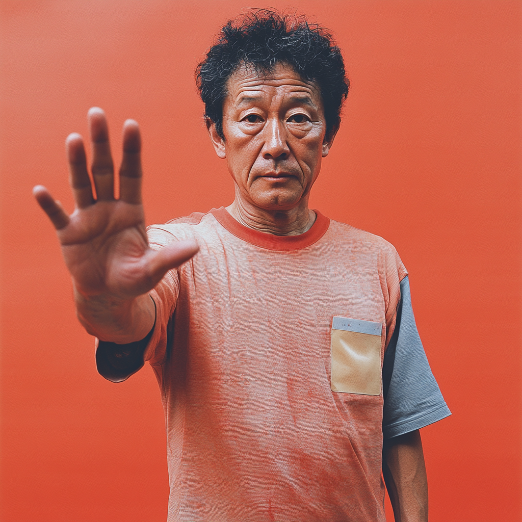 Serious Japanese Man Pointing Hand at Camera in Portrait