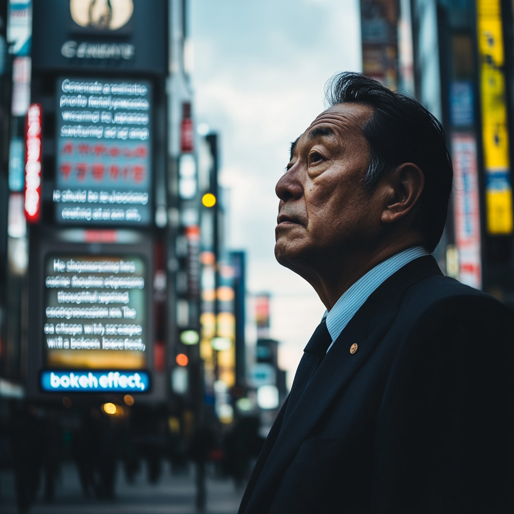 Serious Japanese man in 50s in suit.