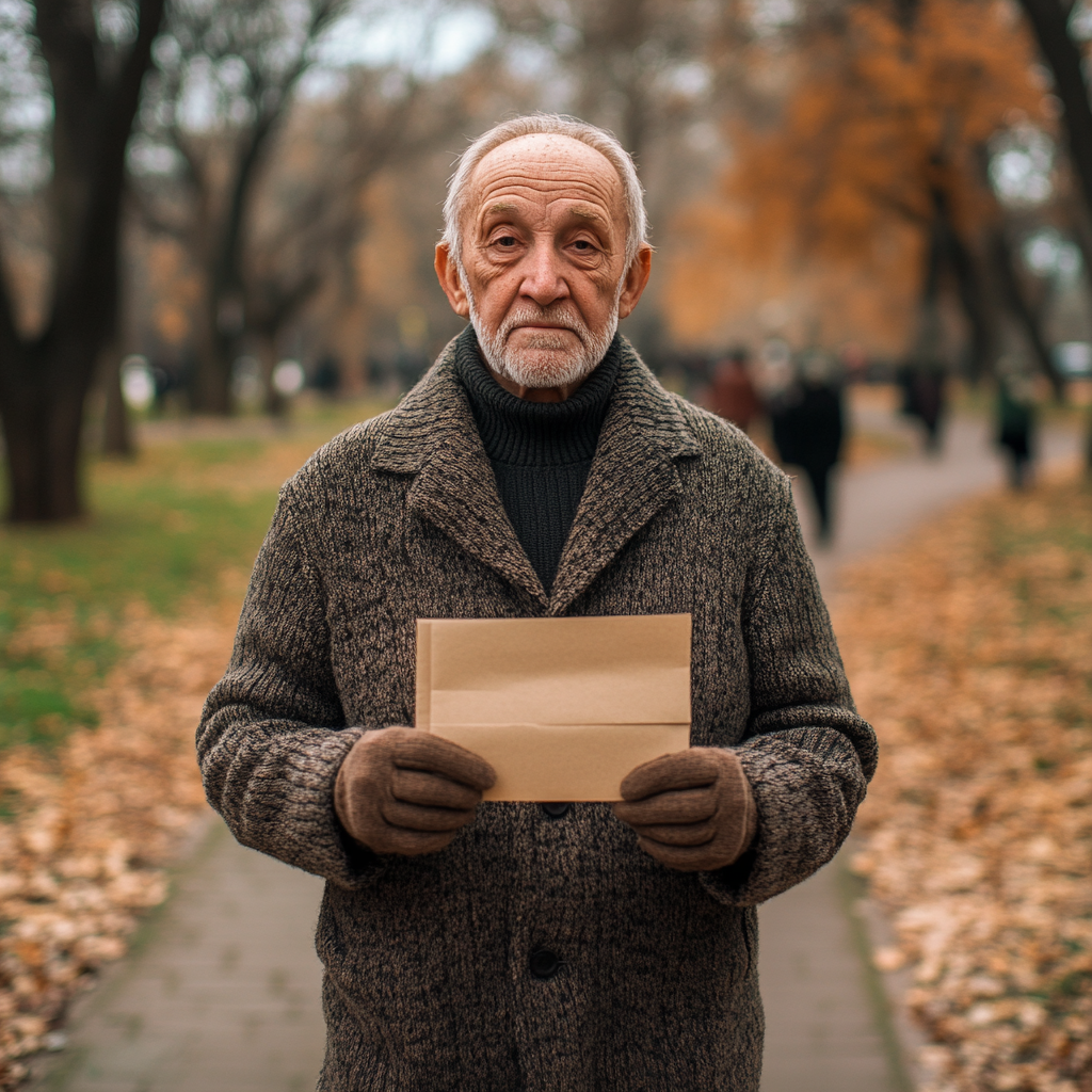 Serious Man Holds Envelope in Park