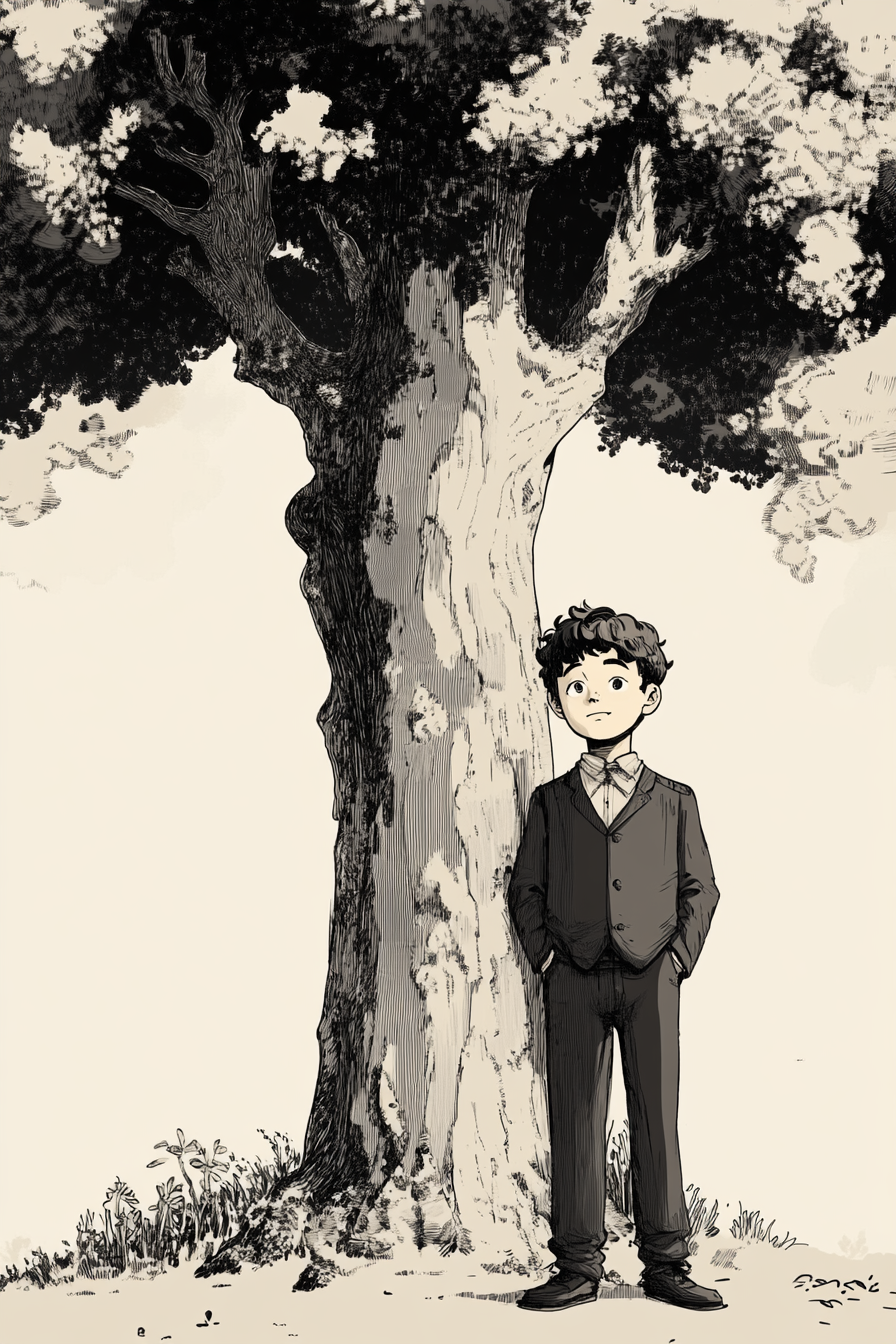 Serious boy in classic suit standing by tree.