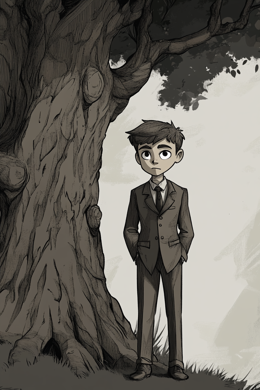 Serious boy in oversized suit next to large tree