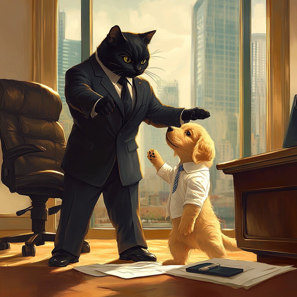 Serious cat fires puppy in dramatic office scene.