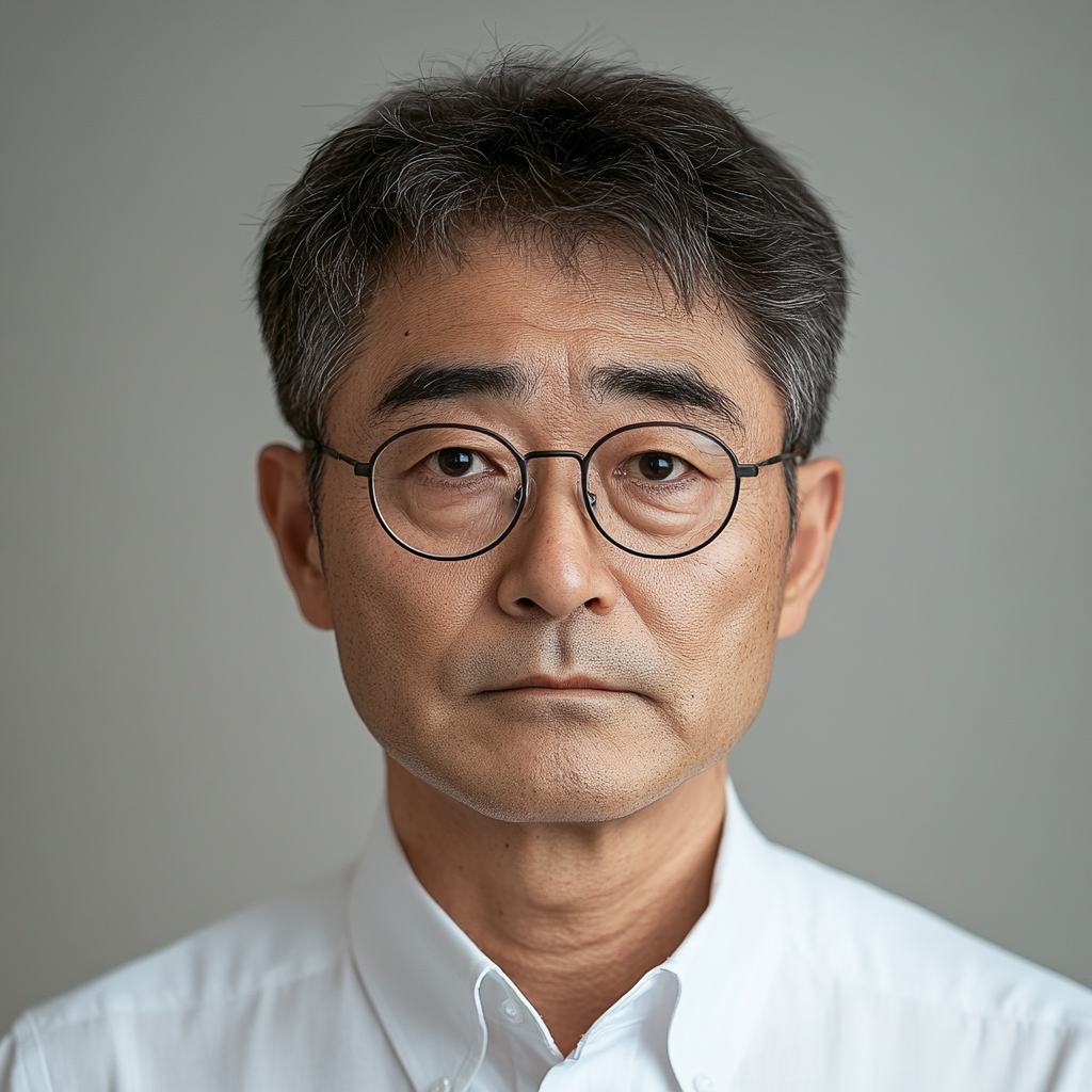 Serious middle-aged Japanese scholar in glasses, white shirt.