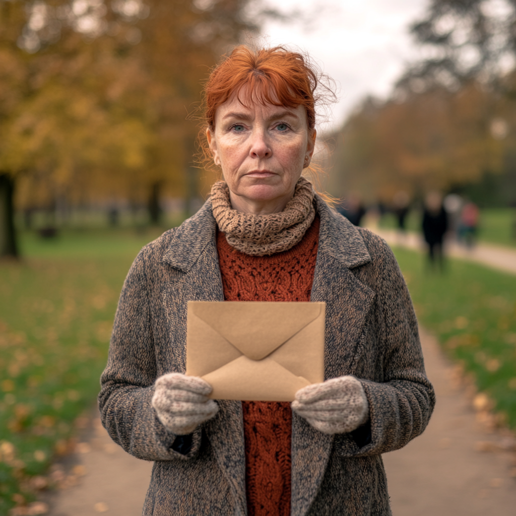 Red-headed woman holding envelope in park