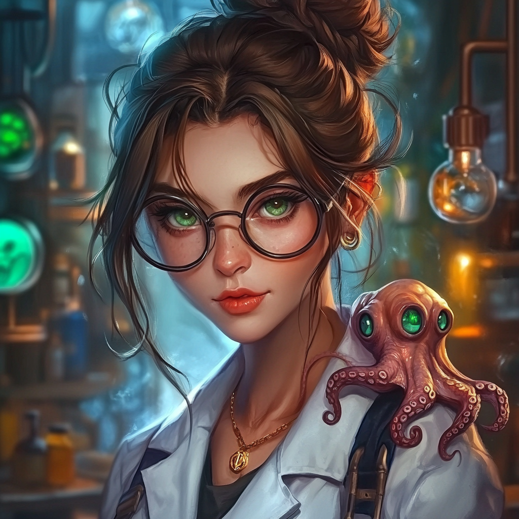 Serious woman with brown hair, green eyes, glasses, octopus.