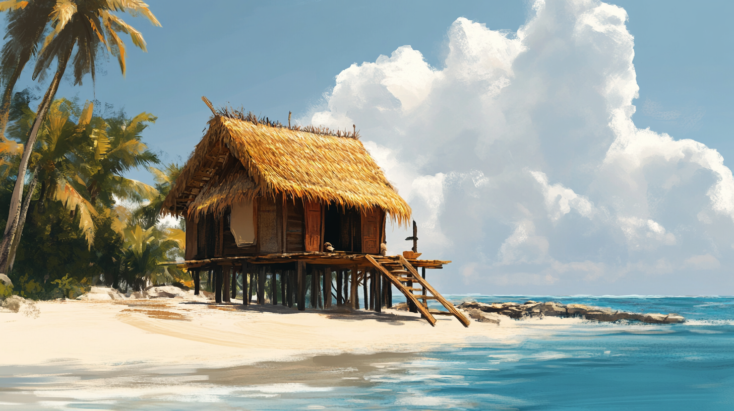 Servant's island hut with sand walls and thatch roof.