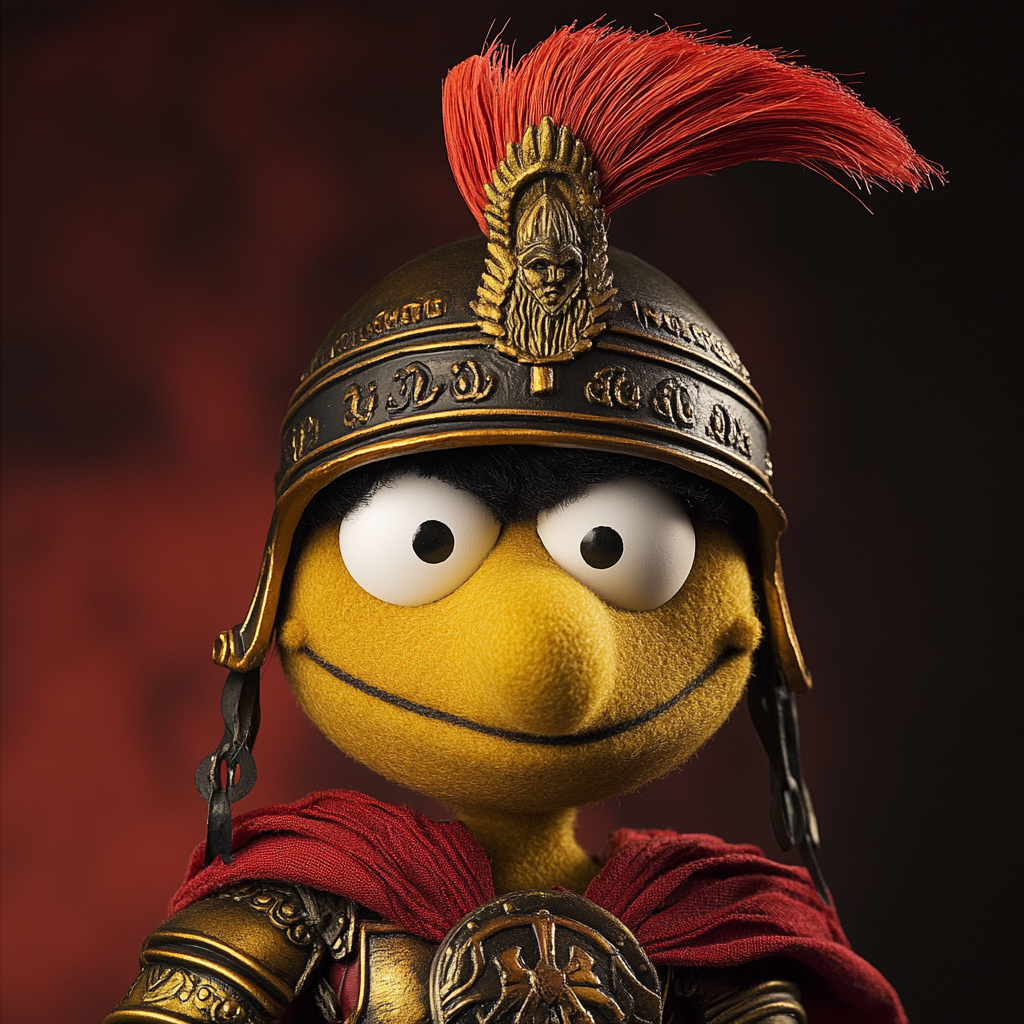 Sesame Street puppet with Spartan armor and helmet.