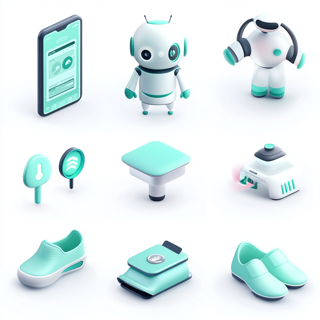 Set of 3D icons for presentation: Restaurant, Robot, Smart Home.