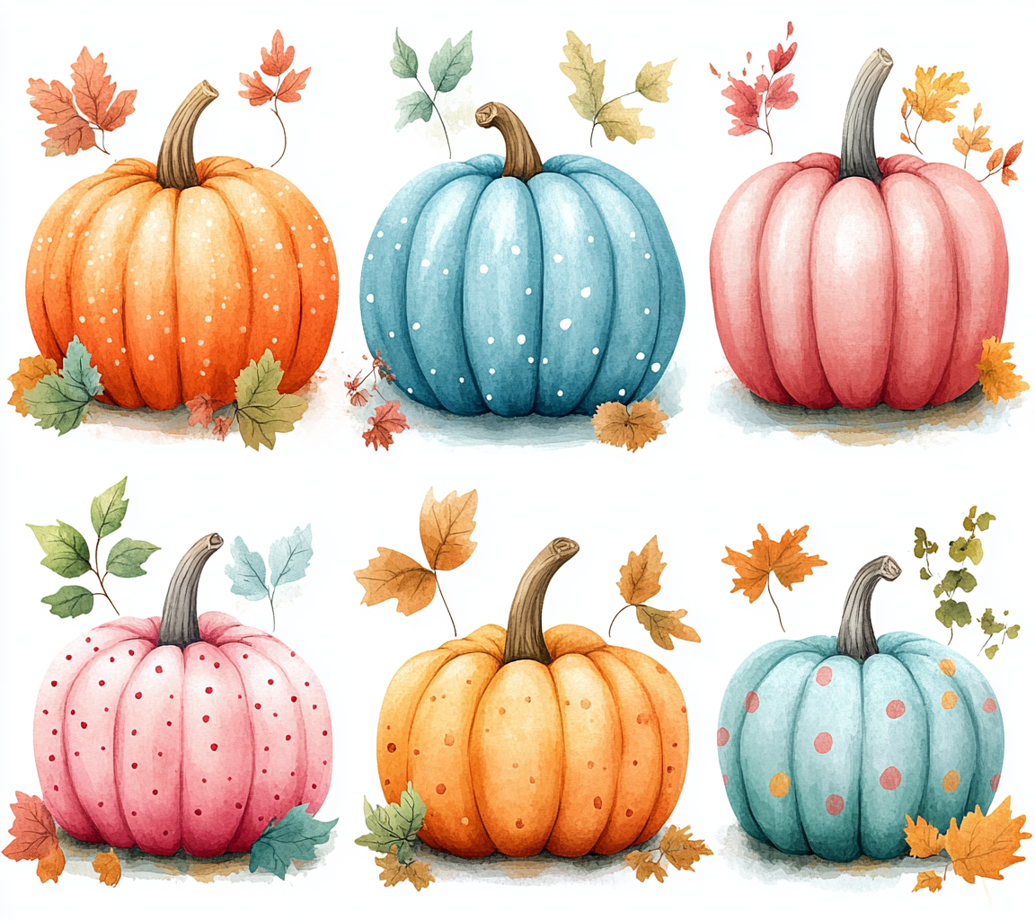 Set of cute hand drawn pumpkins with pastel stripes.