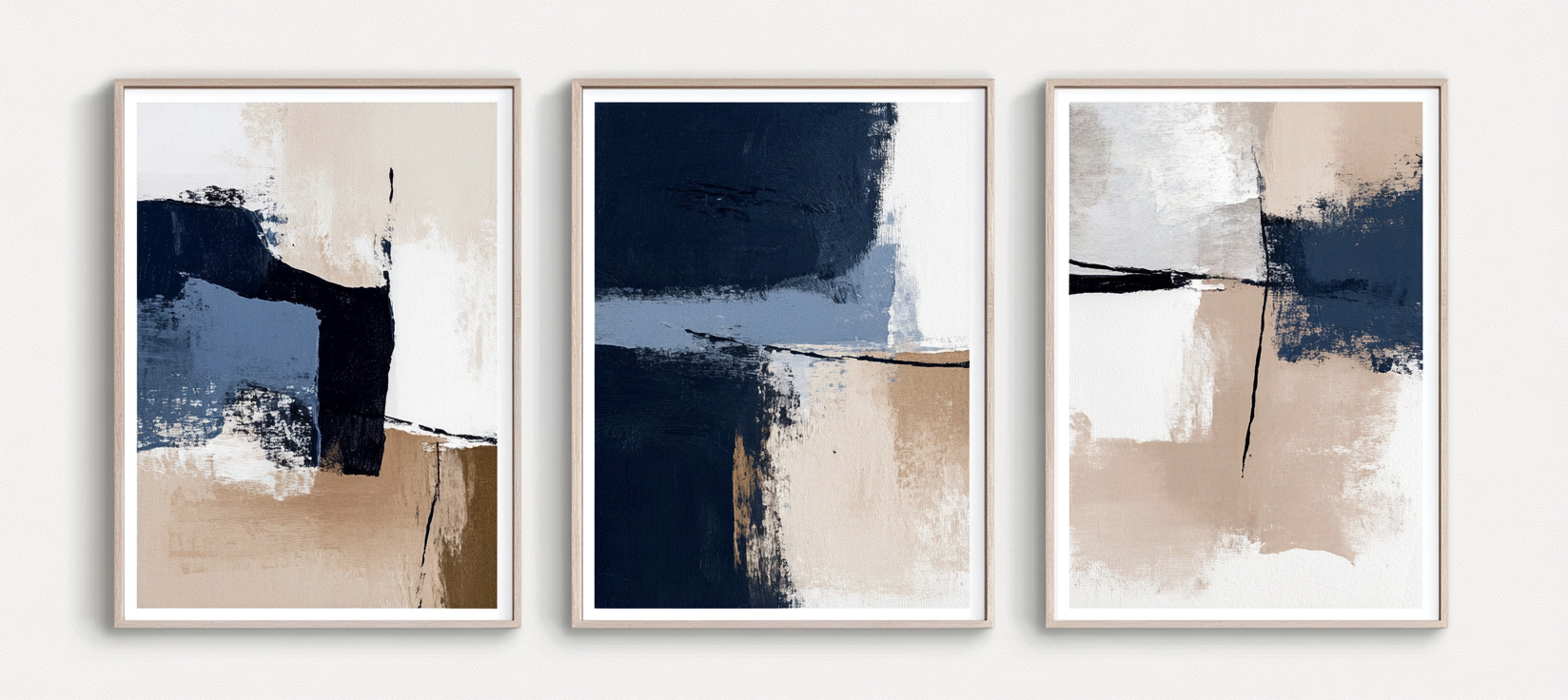 Set of three abstract art frames in neutral tones.