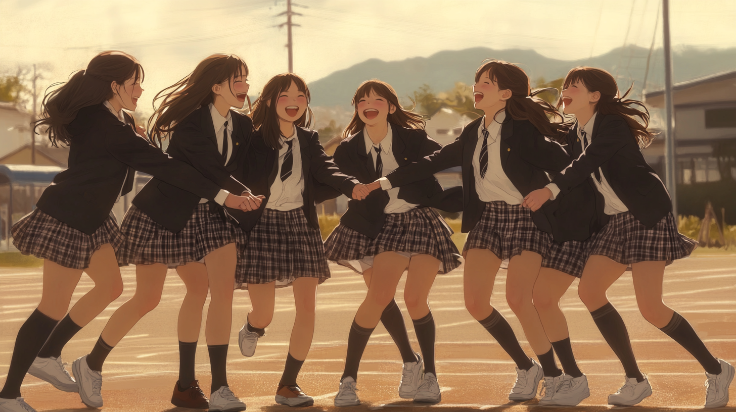 Seven Japanese high school girls in black blazers, skirts, laughing outdoors.