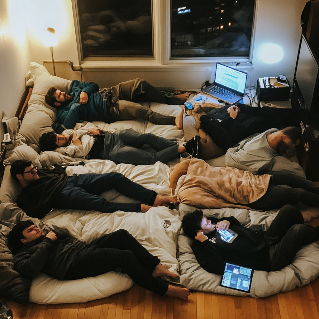 Seven guys sleeping, one working on computer and call.