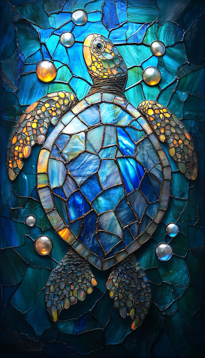 Shades of blue and turquoise underwater stained glass.