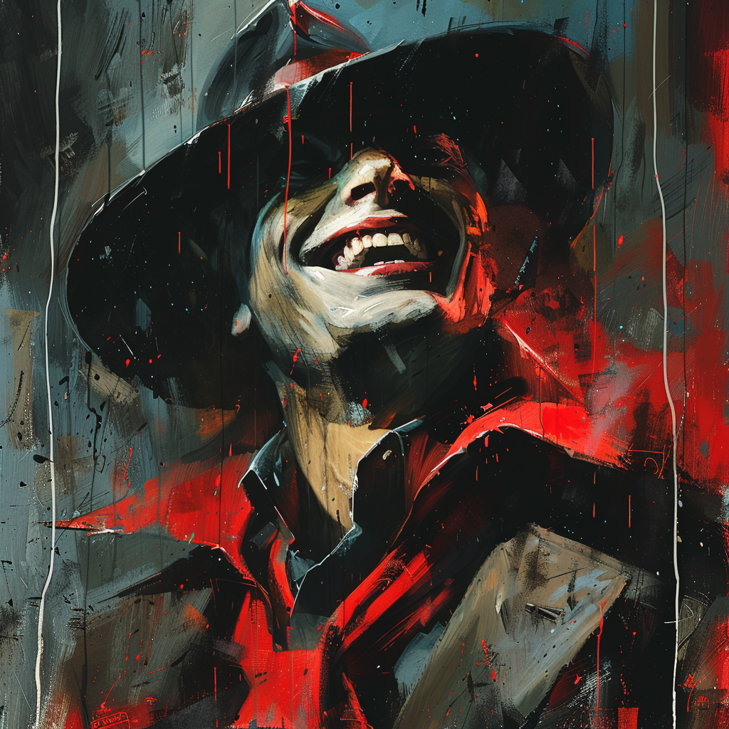 Shadow in fedora, red scarf, laughing with guns, dramatic.