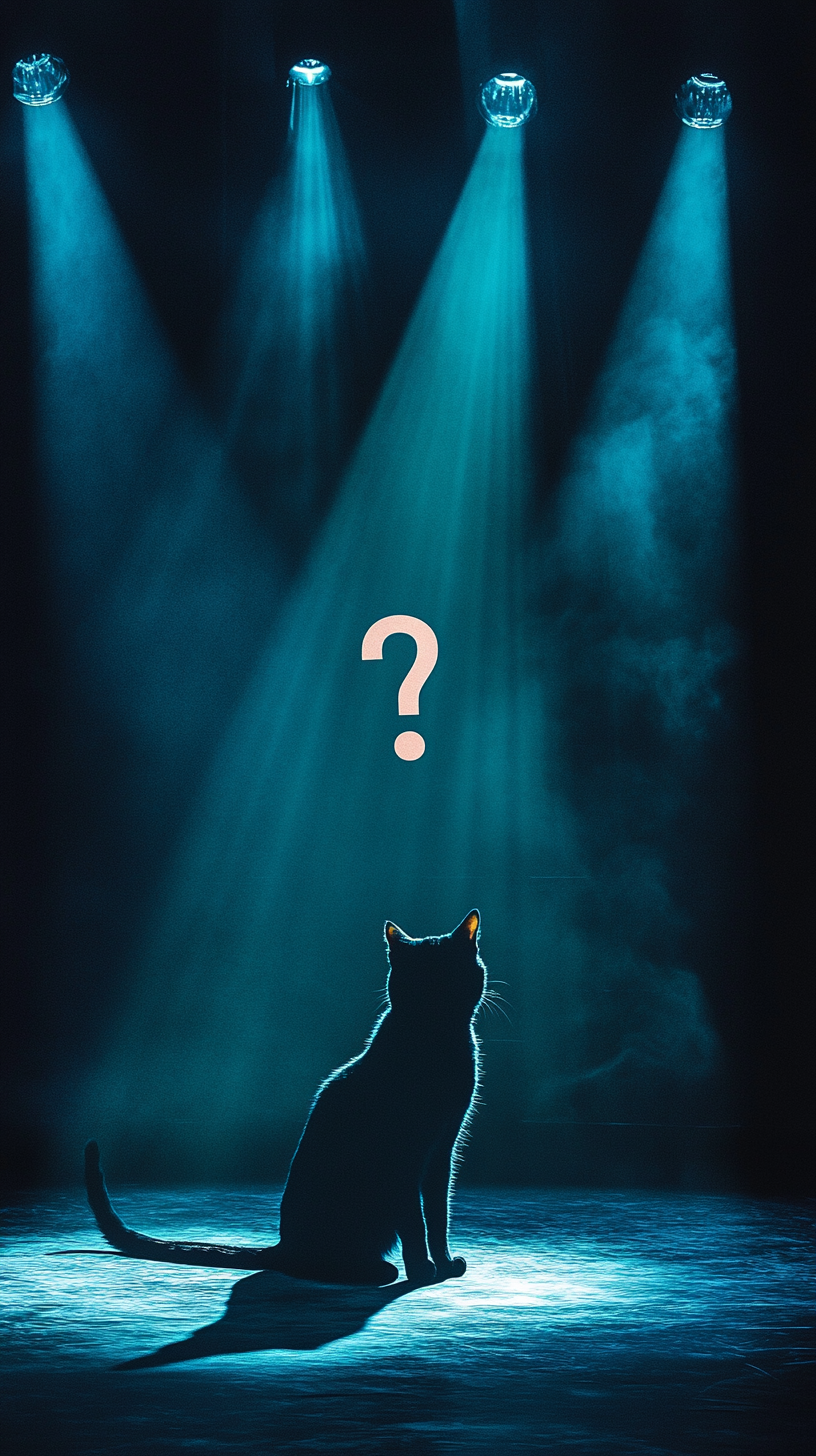 Shadow of cat with glowing question mark on stage.