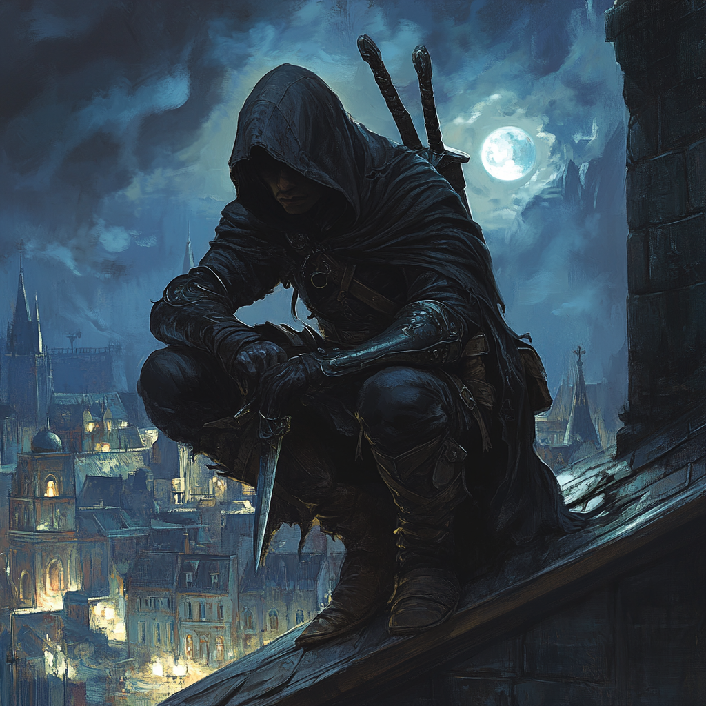 Shadowed halfling rogue crouching on rooftop overlooking medieval city.