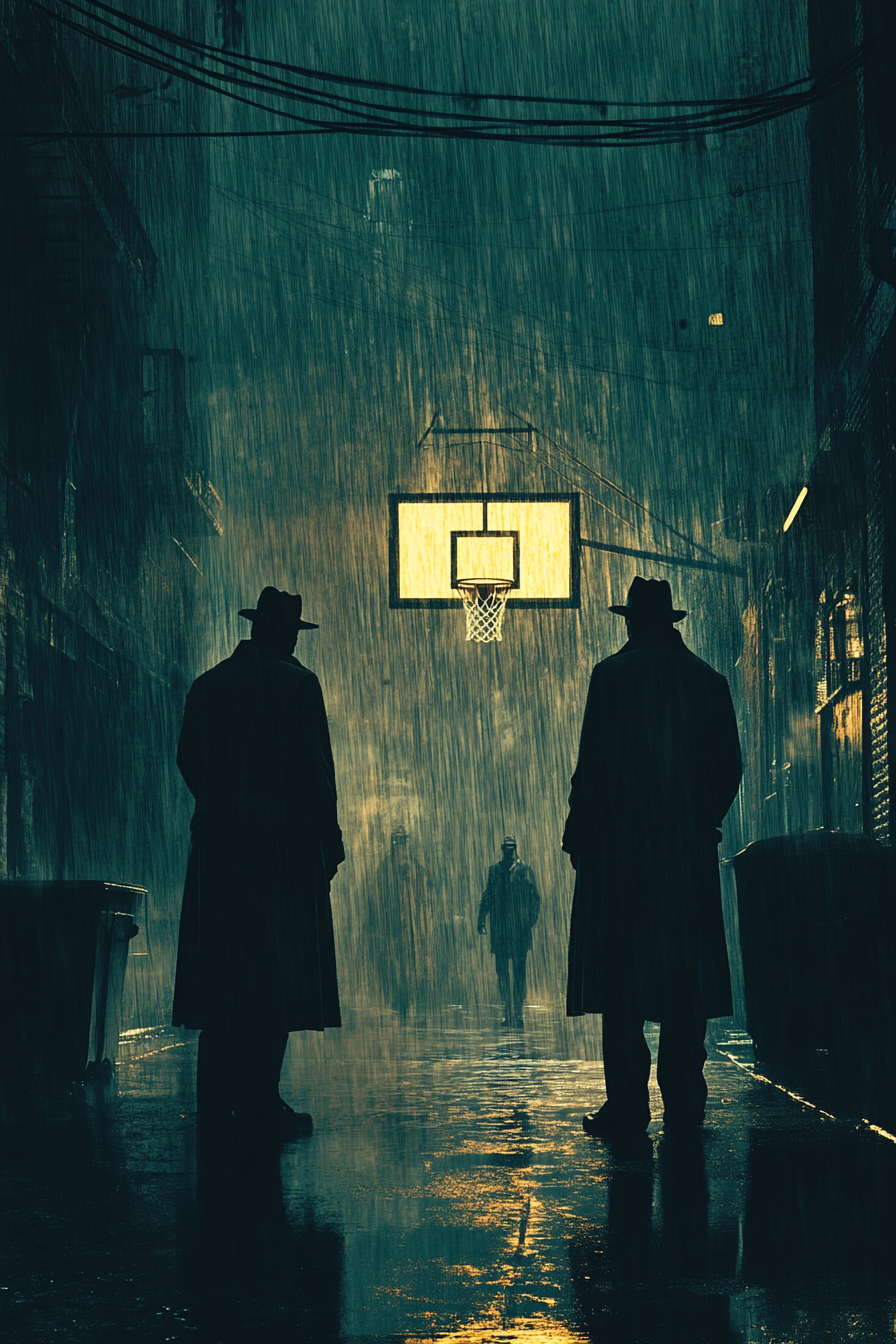 Shadowy basketball game in noir city atmosphere