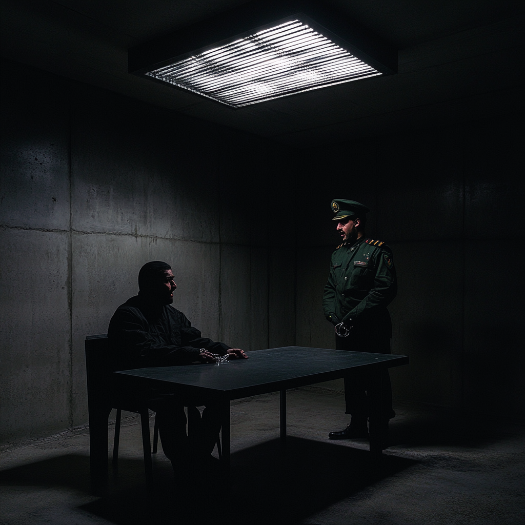 Shadowy figure interrogated by military officer in dark room.