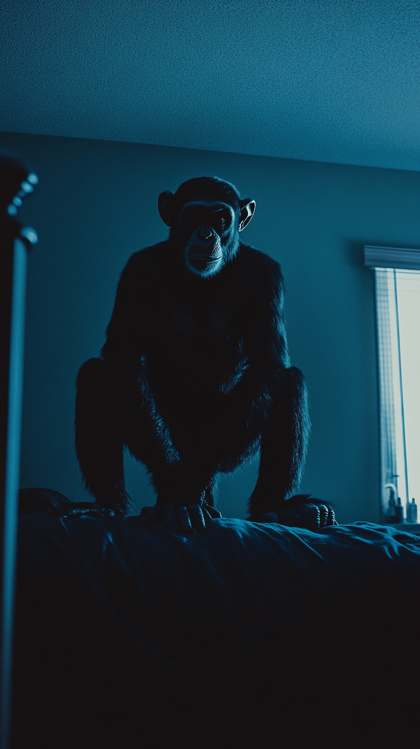 Shadowy monkey demon sitting on bed staring at camera.