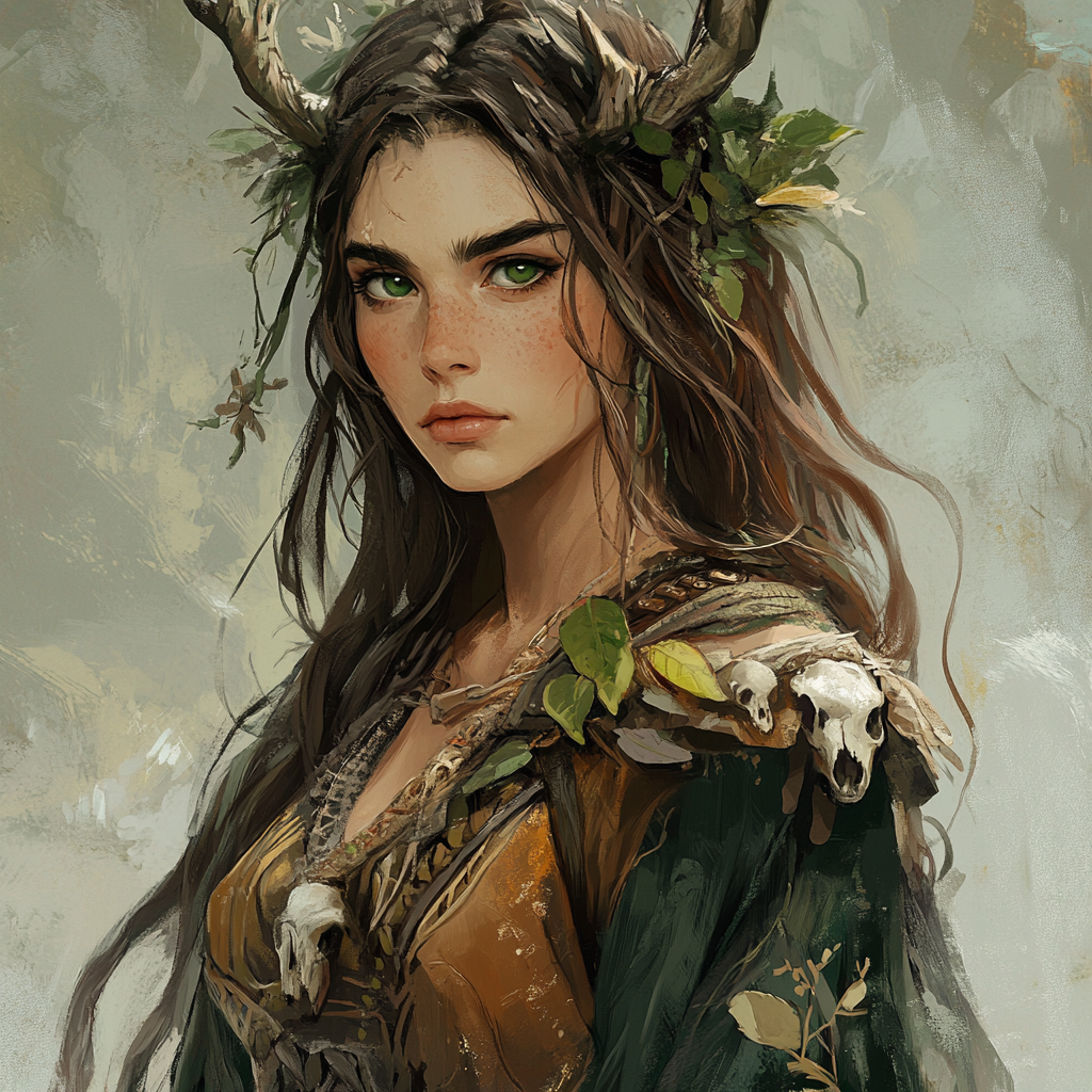 Shaman Pathfinder Woman with Leaf Dress and Skull Crown