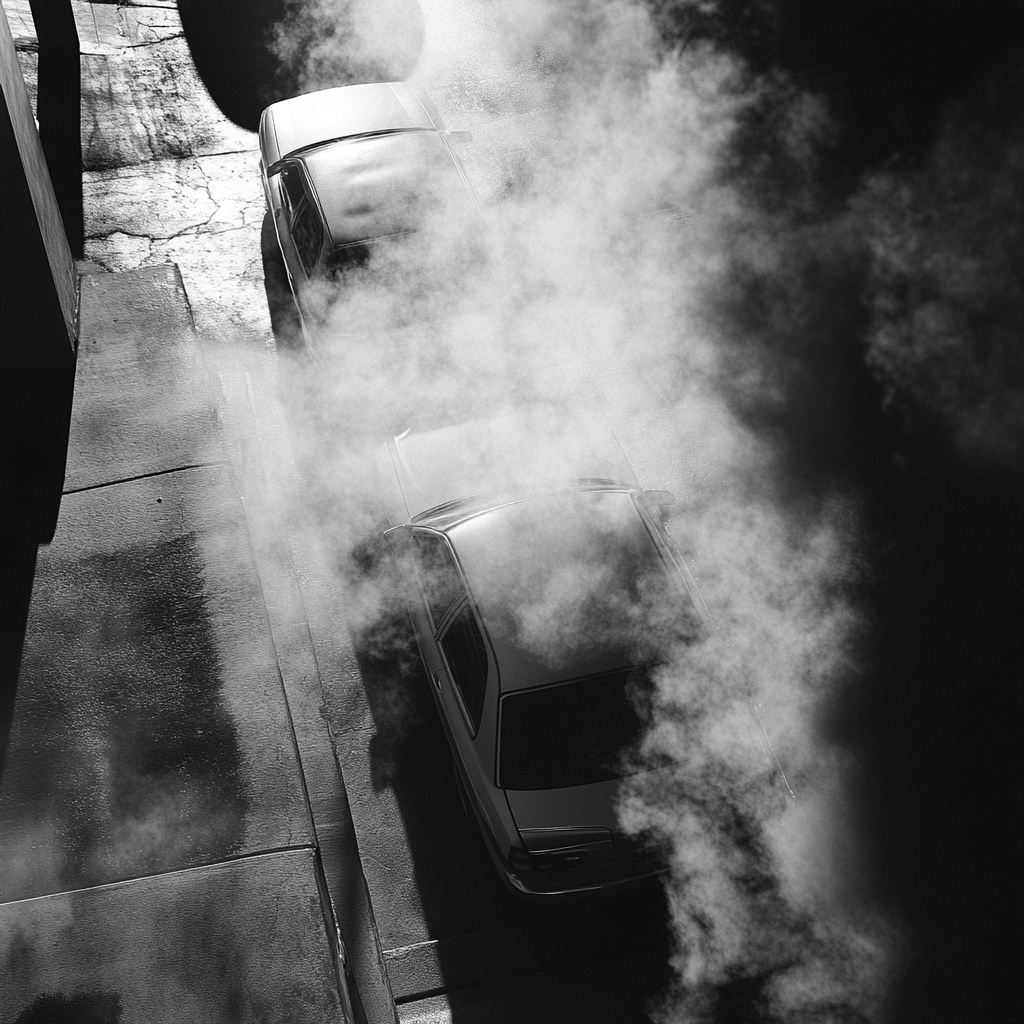 Sharing smoke on hot car lot, sunshine shining. An empty robe, holding fabric, paramind.