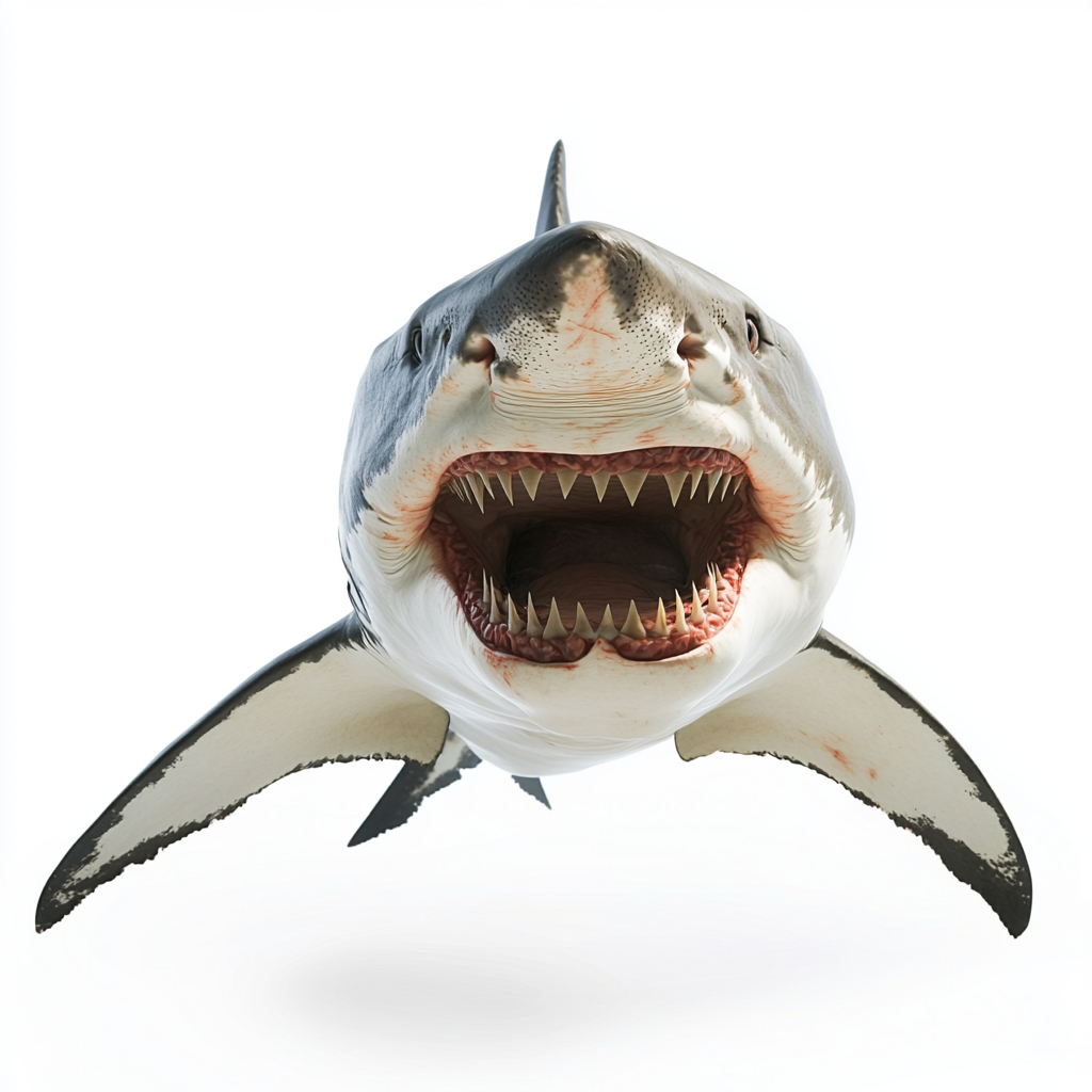 Shark with open mouth and tail in focus.