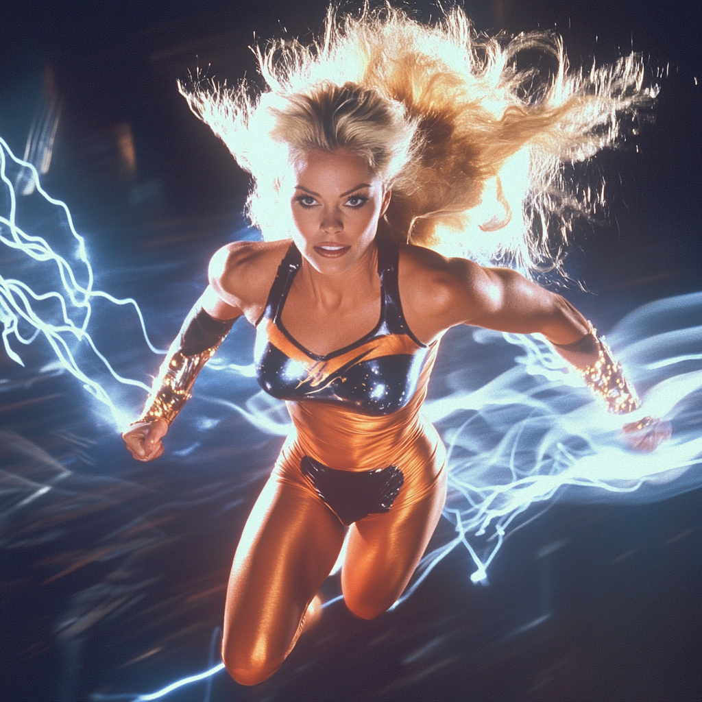 Sharon Stone, 1970s superhero with golden hair, flying.