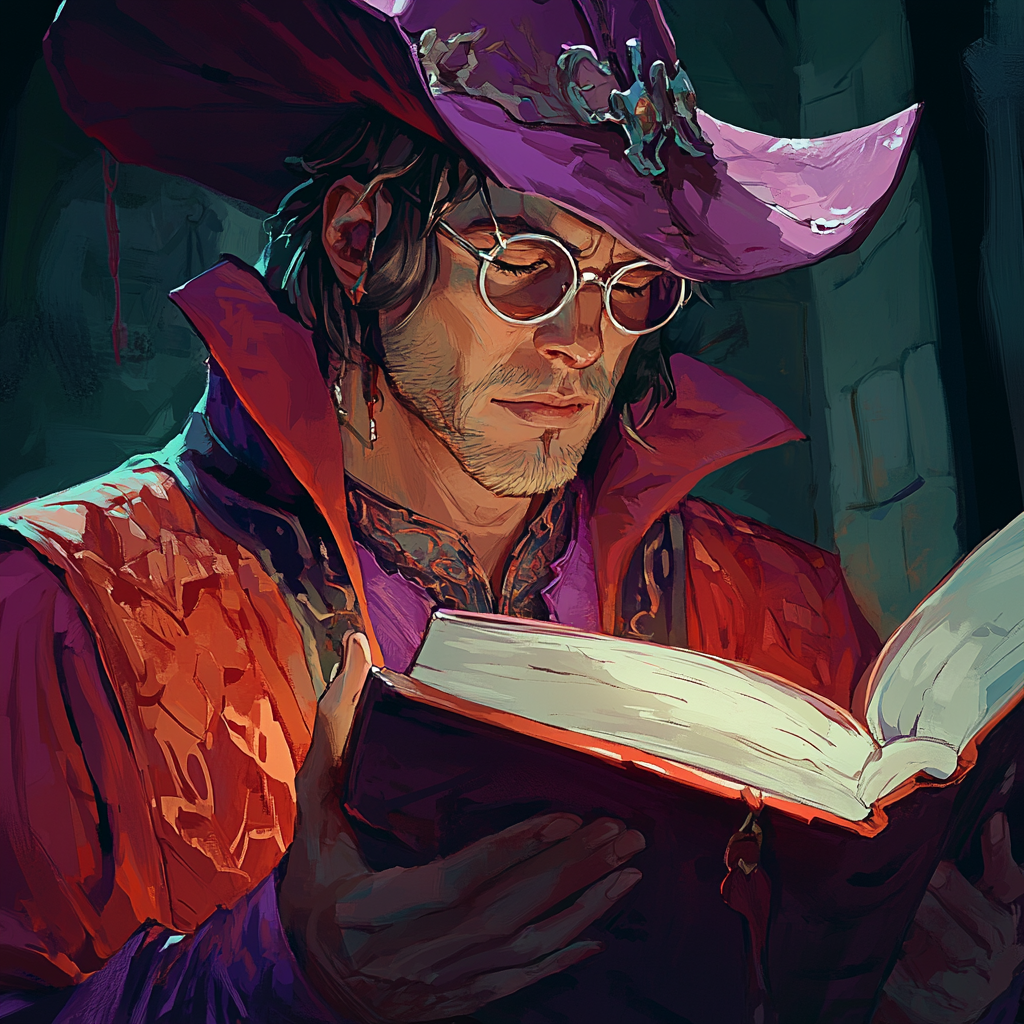 Sharp-eyed wizard Varric contemplates magic tome