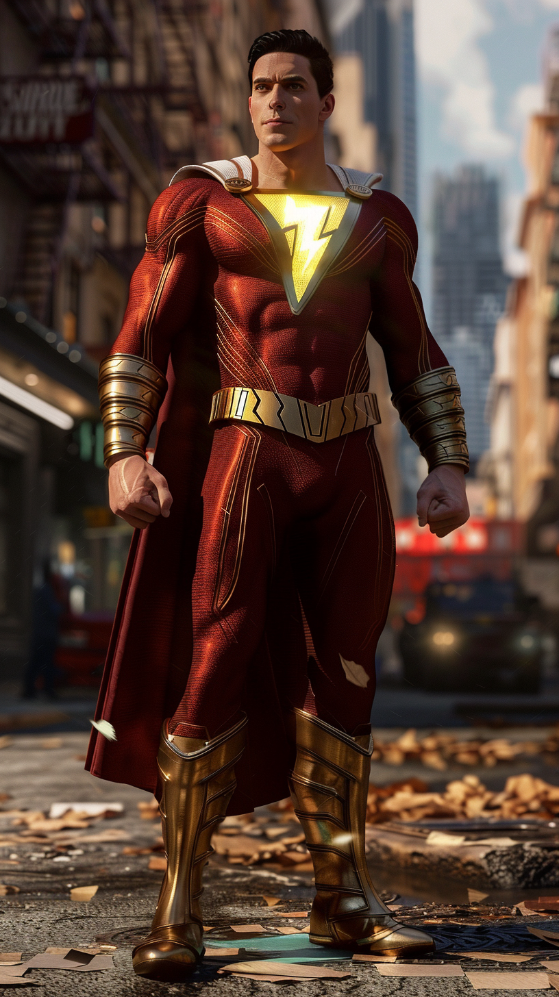 Shazam in red suit, city backdrop, golden bolt illuminated.