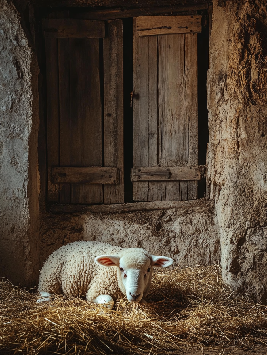 Sheep eating straw in stable with rustic window