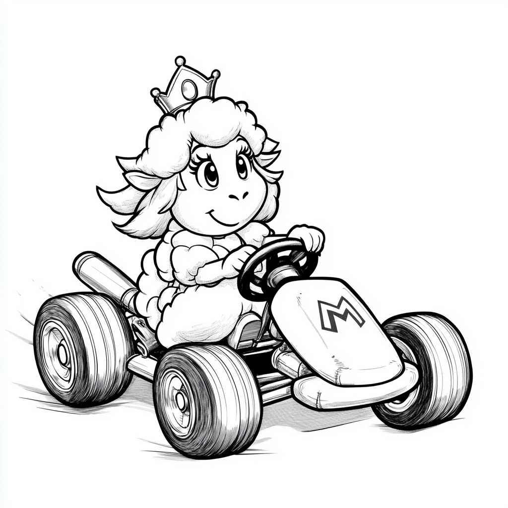 Sheep in cartoon style driving Mario Kart with Princess Peach