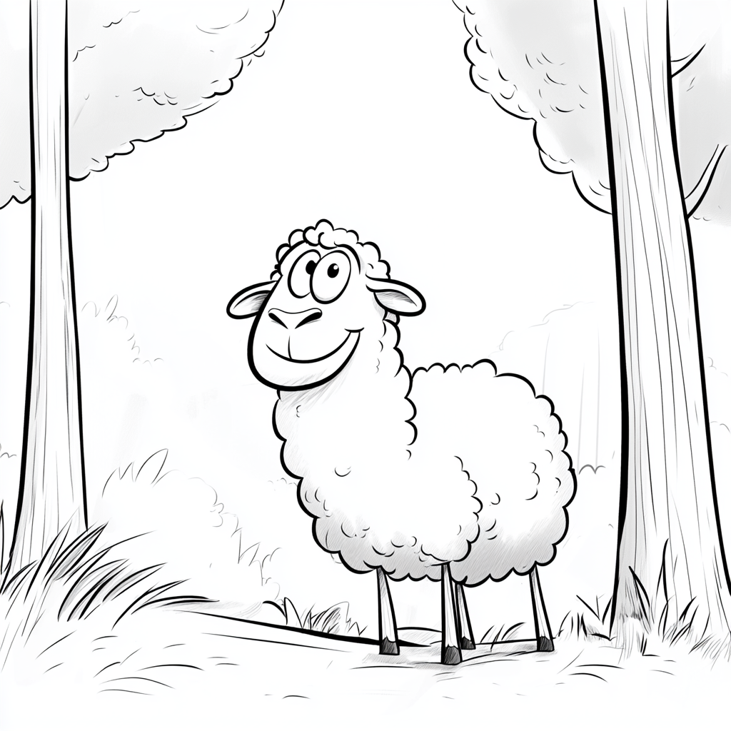 Sheep in forest, smiling, white background, black and white.